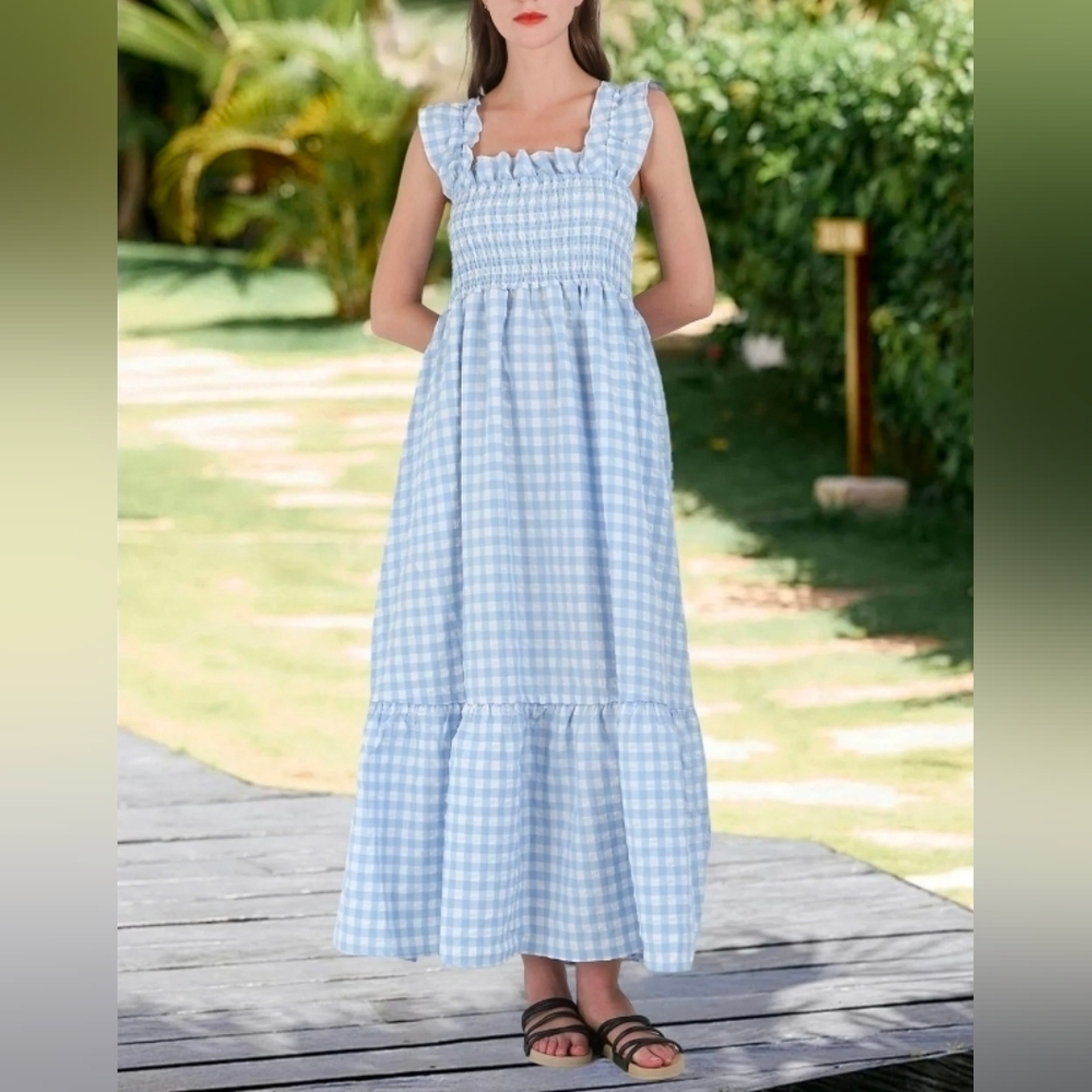 Smocked Square Neck Dress - Light Blue Gingham Size M-L - Picture 7 of 7